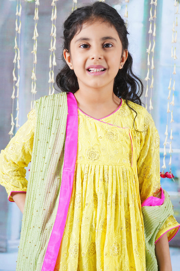 Girls Floral Embrodiery Angrakha Kurta with Sharara, Dupatta and Hand made Potli with Ghungroo work Tassel - Little Bansi