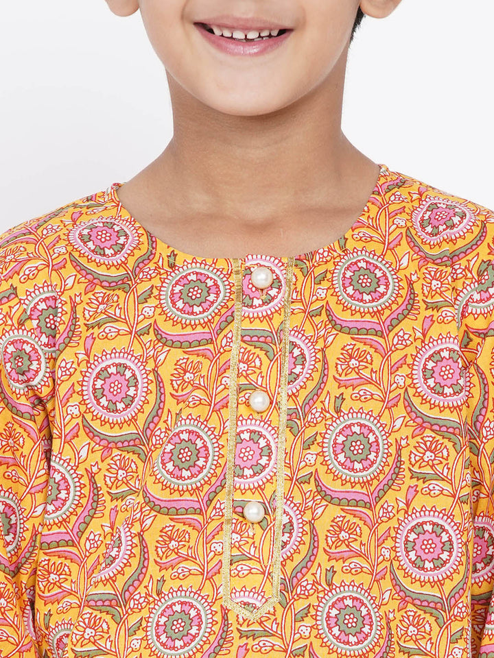 Boys Floral Kurta with Pearl Buttons and Dhoti in Yellow - Little Bansi