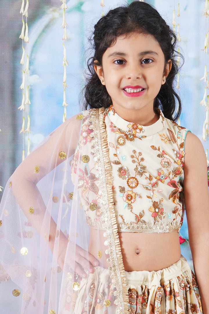 Girls Floral Embrodiery Lehenga with Blouse and Lacework Dupatta - Little Bansi