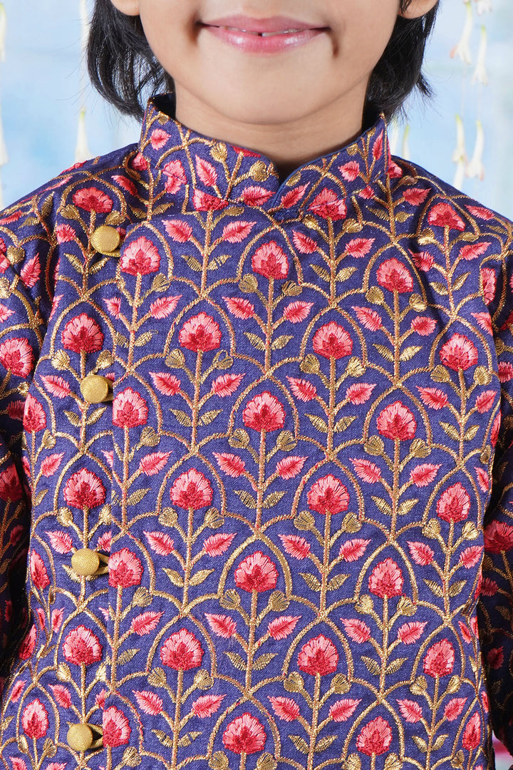 Boys Bageecha Floral Thread work Angrakha Sherwani with Beige Silk Dhoti - Little Bansi