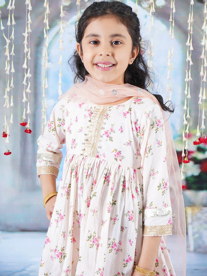 Girls Cotton Three Fourth Sleeves Kurta Sharara and Dupatta with Floral Print, Lace & Ghungroo work - Beige Pink - Little Bansi