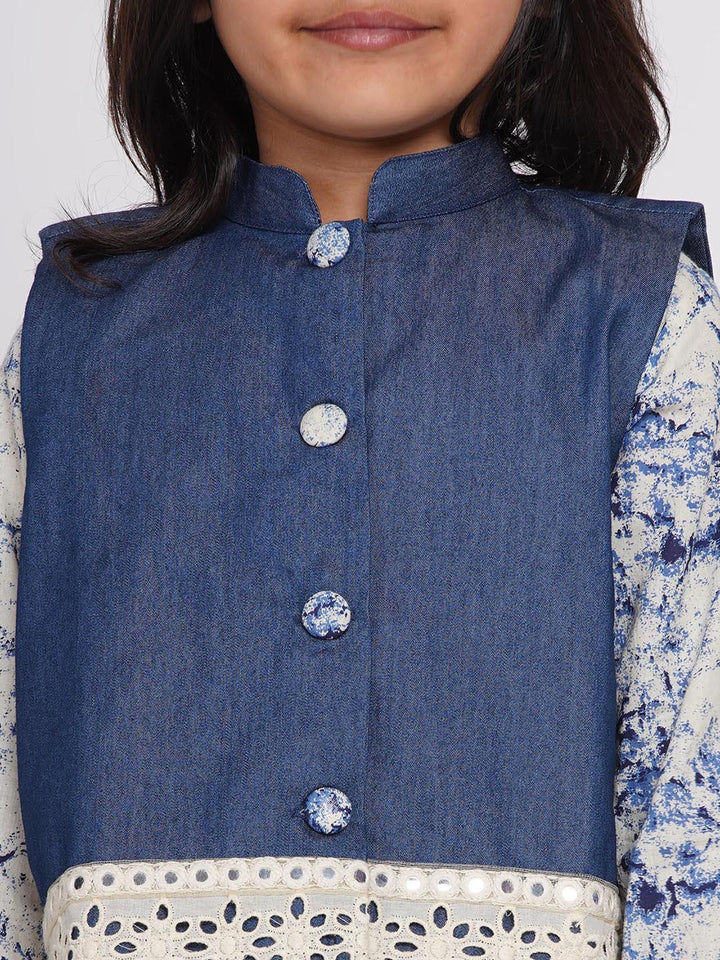 Girls Denim Jacket and Kurta with Patchwork Plazzo - Denim Blue - Little Bansi