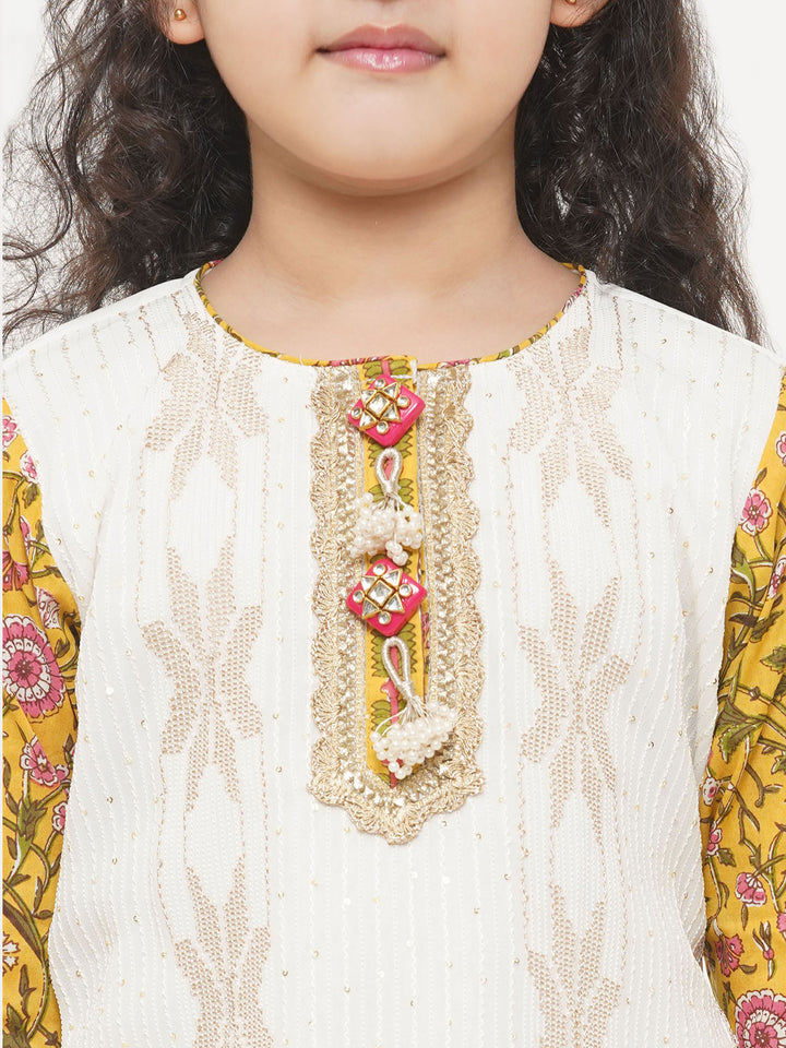 Girls Taj Embroidery Kurta with Tussel work and floral sharara with Dupatta - Little Bansi