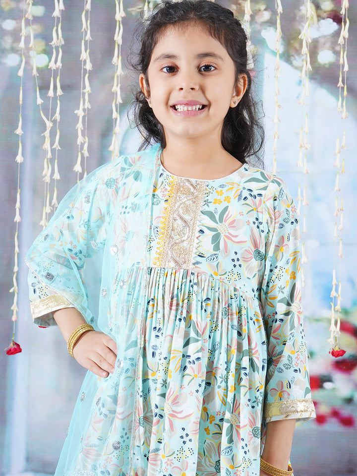 Girls Cotton Three Fourth Sleeves Kurta Sharara and Dupatta with Floral Brush Print & Lace work - Sky Blue - Little Bansi