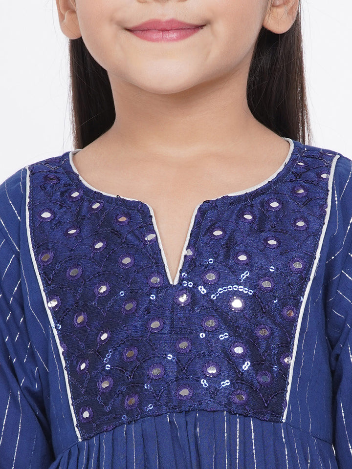 Girls Mirror work Kurta frock with Sharara and Dupatta in Blue and White - Little Bansi