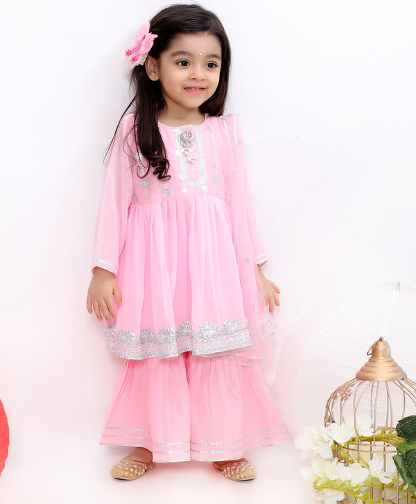 Pink Embroidery Kurta Set with Sharara - Little Bansi