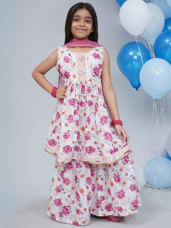 Girls Cream Muslin Garden Rose Kurta Sharara Set with Lace & Butterfly Handwork with Dupatta
