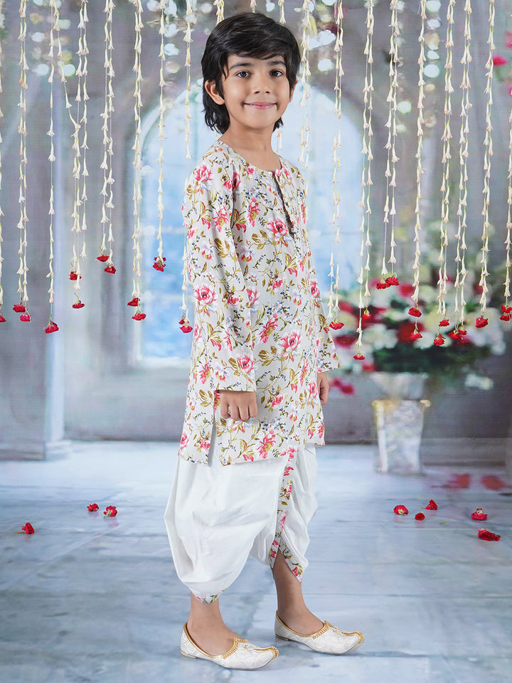 Boys Cotton Full Sleeves Kurta Dhoti with Garden Rose Print and Pearl Buttons - Antique Green - Little Bansi
