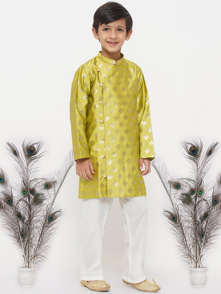 Boys Banarsi Silk Sherwani with Pyjama - Green - Little Bansi