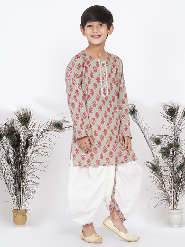 Boys Floral Kurta with Pearl Buttons and Dhoti in Green and Cream - Little Bansi