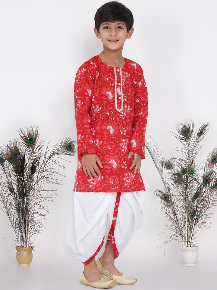 Boys Floral Kurta with Pearl Buttons and Dhoti in Red and White - Little Bansi