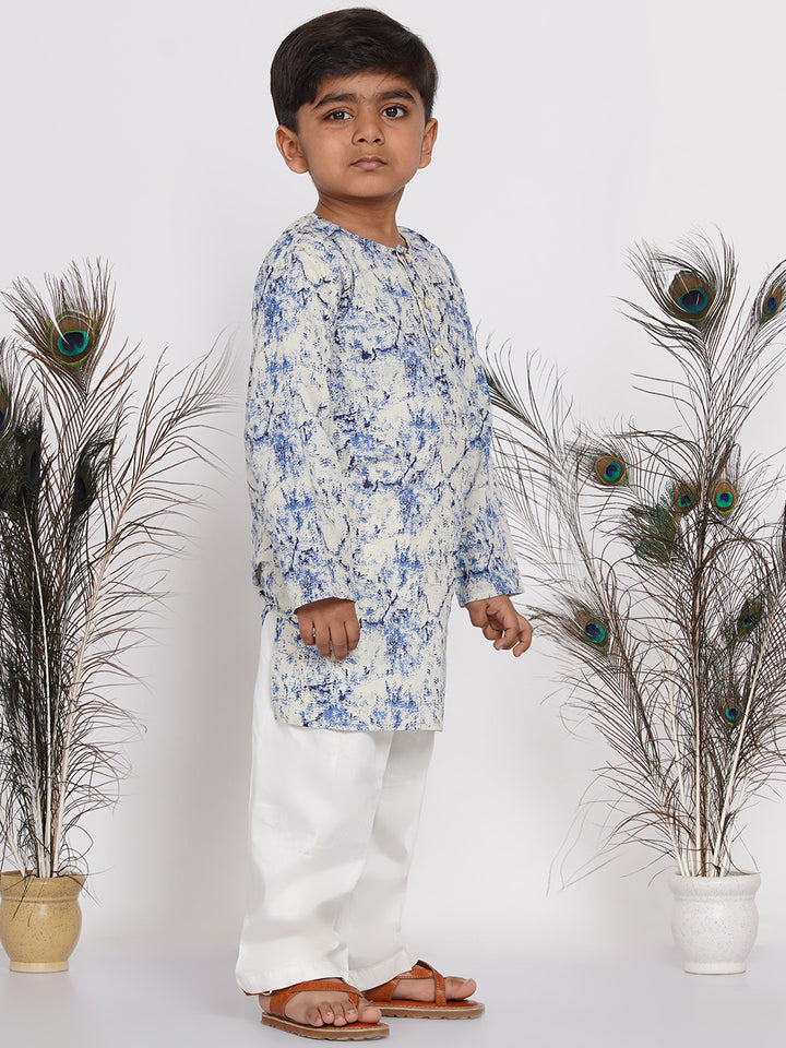 Boys Marble Print Kurta with Pant - Blue & Cream - Little Bansi