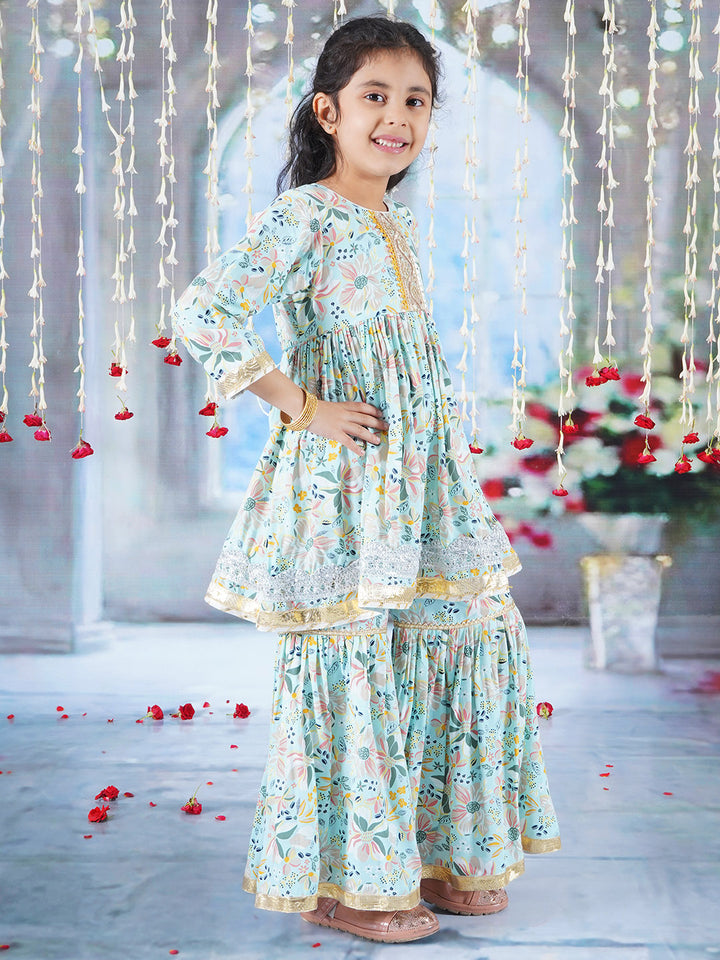 Girls Cotton Three Fourth Sleeves Kurta Sharara and Dupatta with Floral Brush Print & Lace work - Sky Blue - Little Bansi