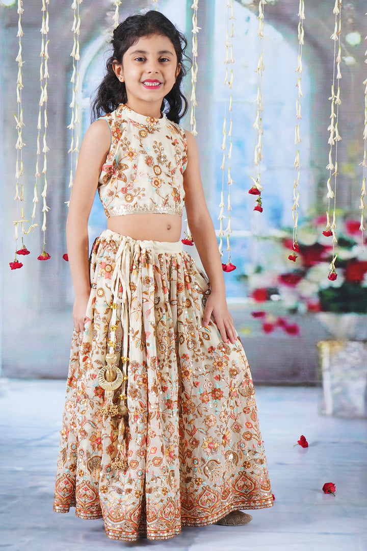 Girls Floral Embrodiery Lehenga with Blouse and Lacework Dupatta - Little Bansi