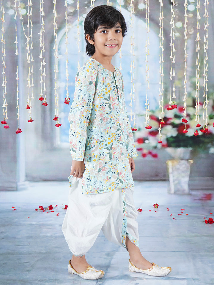 Boys Cotton Full Sleeves Kurta Dhoti with Floral Brush Print and Pearl Buttons - Sky Blue - Little Bansi