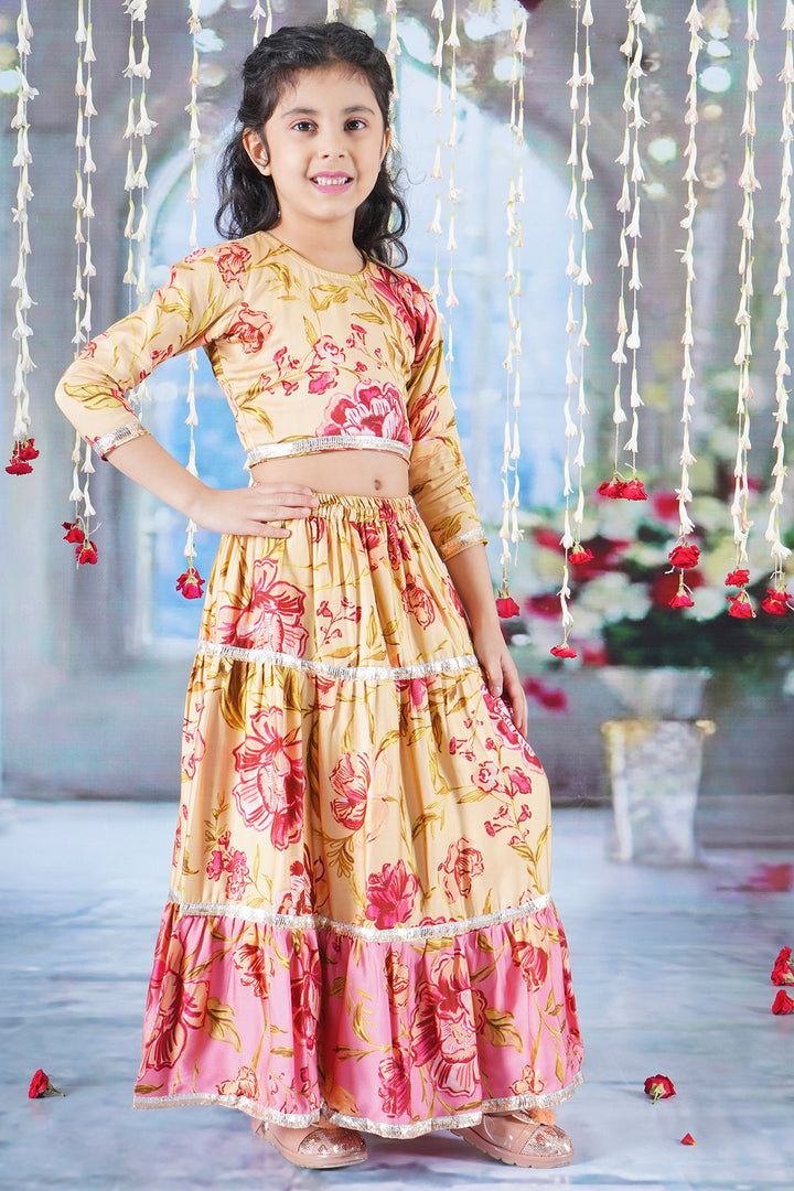 Modern Rose Print Lehenga with Panel and lace work with Blouse and Dupatta - Little Bansi