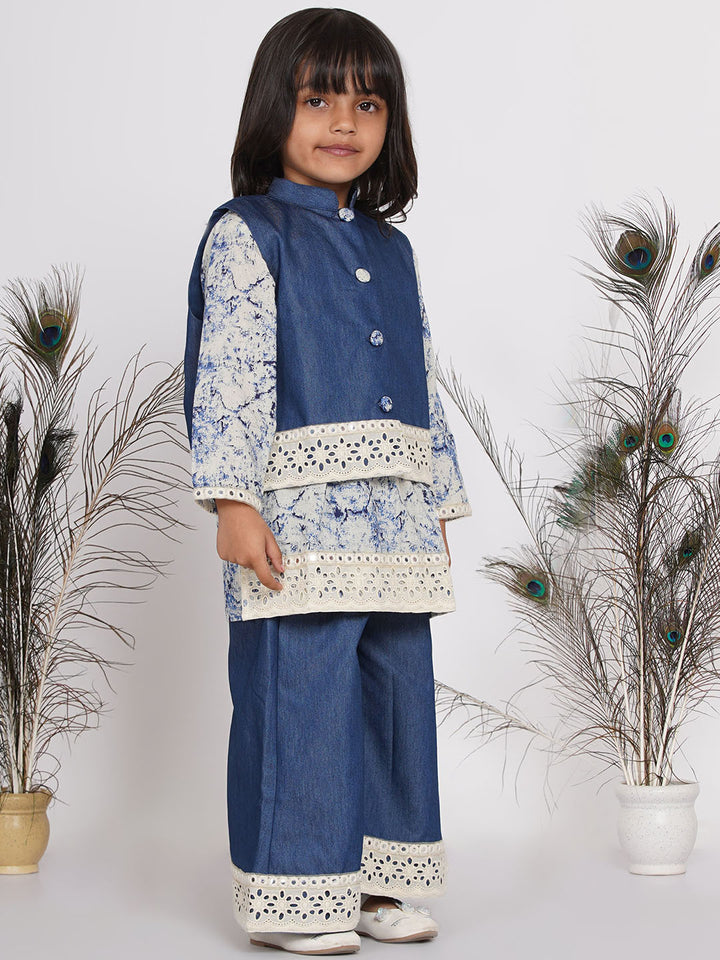 Girls Denim Jacket and Kurta with Patchwork Plazzo - Denim Blue - Little Bansi