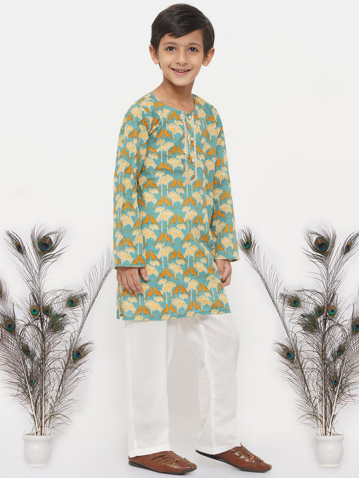 Boys Cotton Bird Print Kurta with Pearl Buttons and Pyjama - Little Bansi