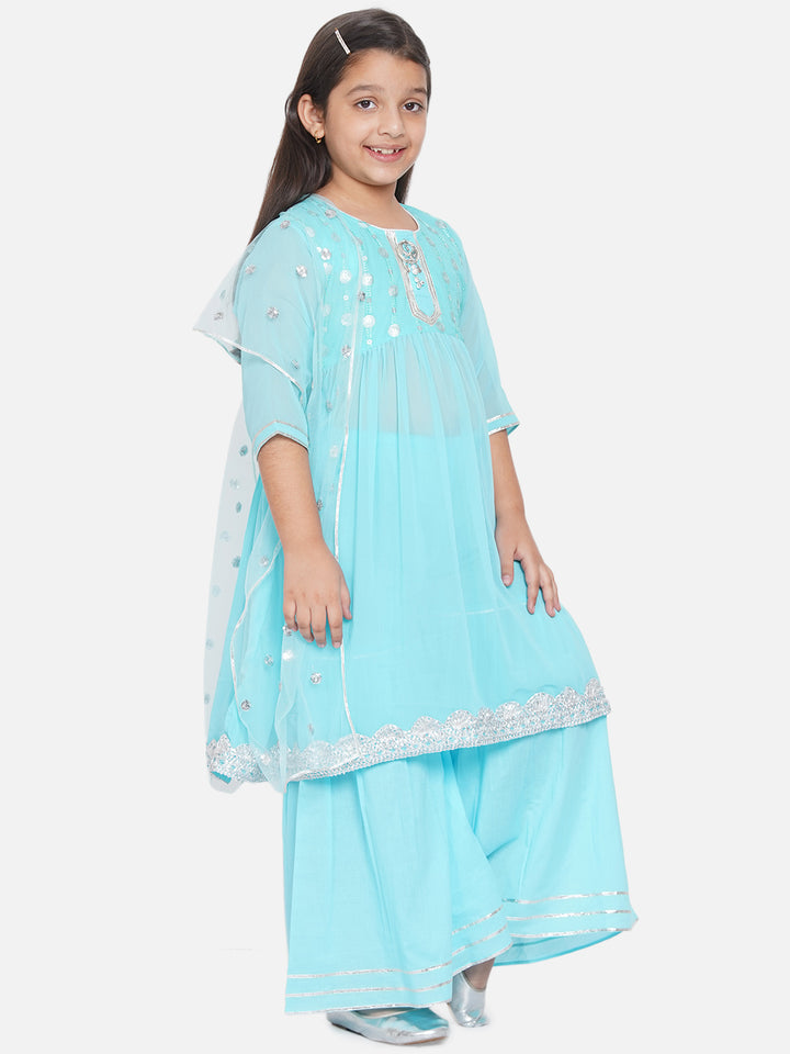 Blue Embroidery Kurta Set with Sharara - Little Bansi