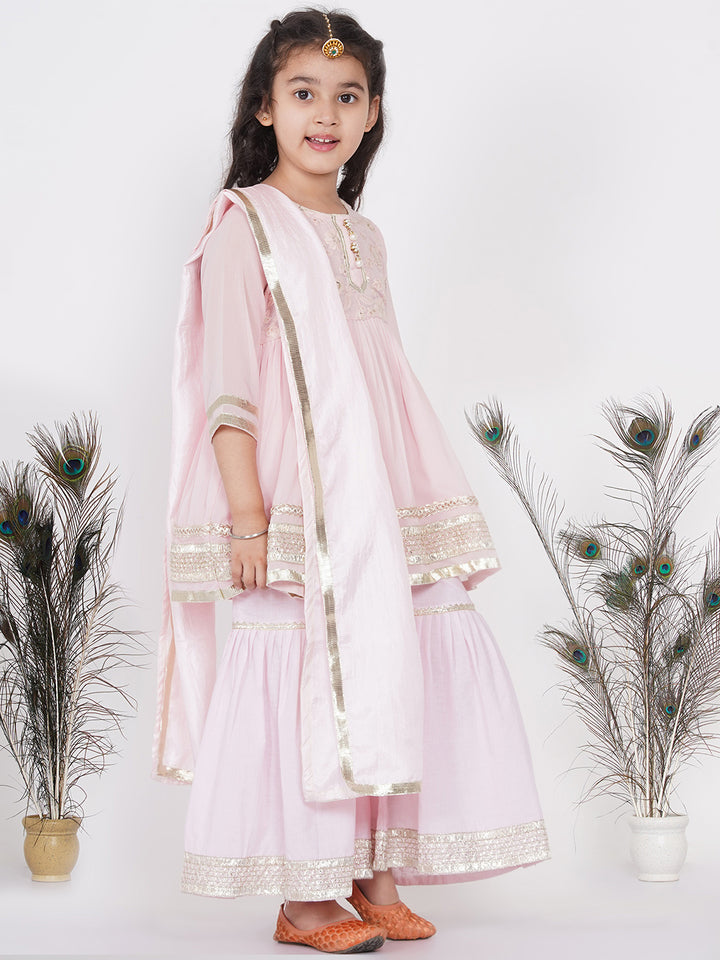 Girls Gotta Patti work Kurta frock with Sharara and Dupatta - Baby Pink - Little Bansi