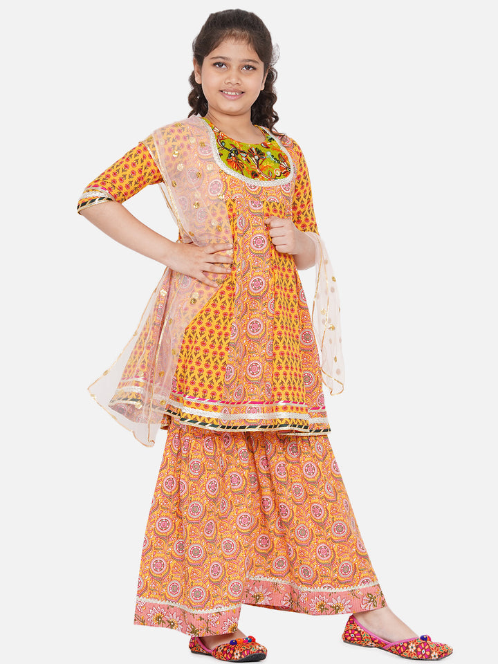 Girls Embroidery Kali work Jaipuri Kurta Frock with Sharara & Dupatta in Yellow - Little Bansi