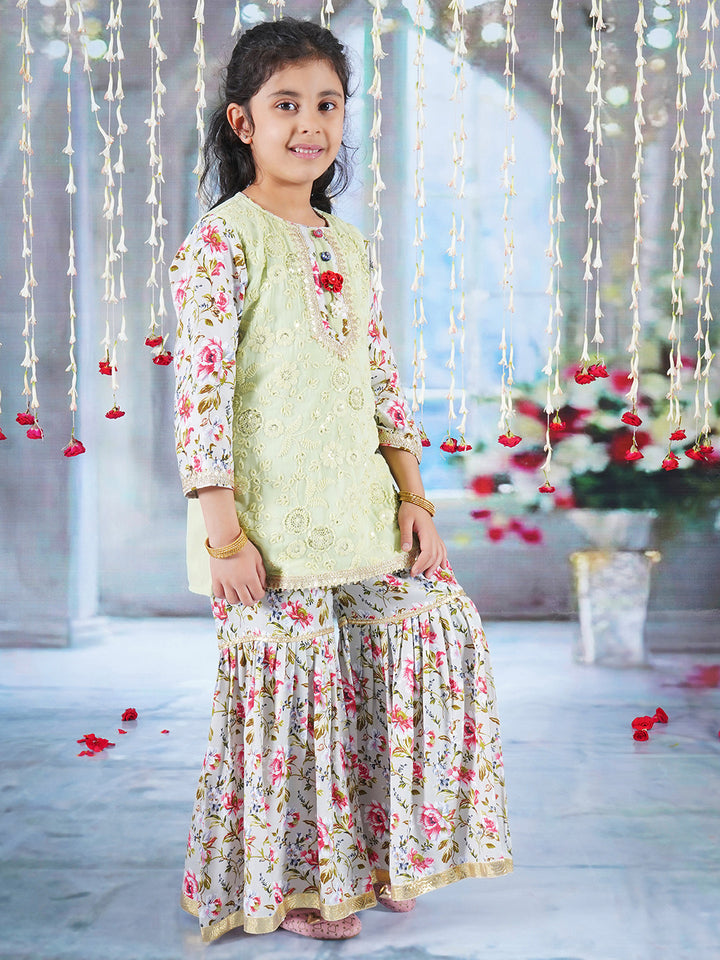 Girls Cotton Full Sleeves Kurta Sharara and Dupatta with Garden Rose Print, Floral Embroidery, Lace & Floral Work - Antique Green - Little Bansi