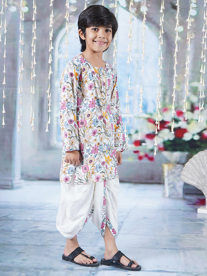 Boys Cotton Full Sleeves Kurta Dhoti with Garden Guldaudi Floral Print and Pearl Buttons - Off White - Little Bansi