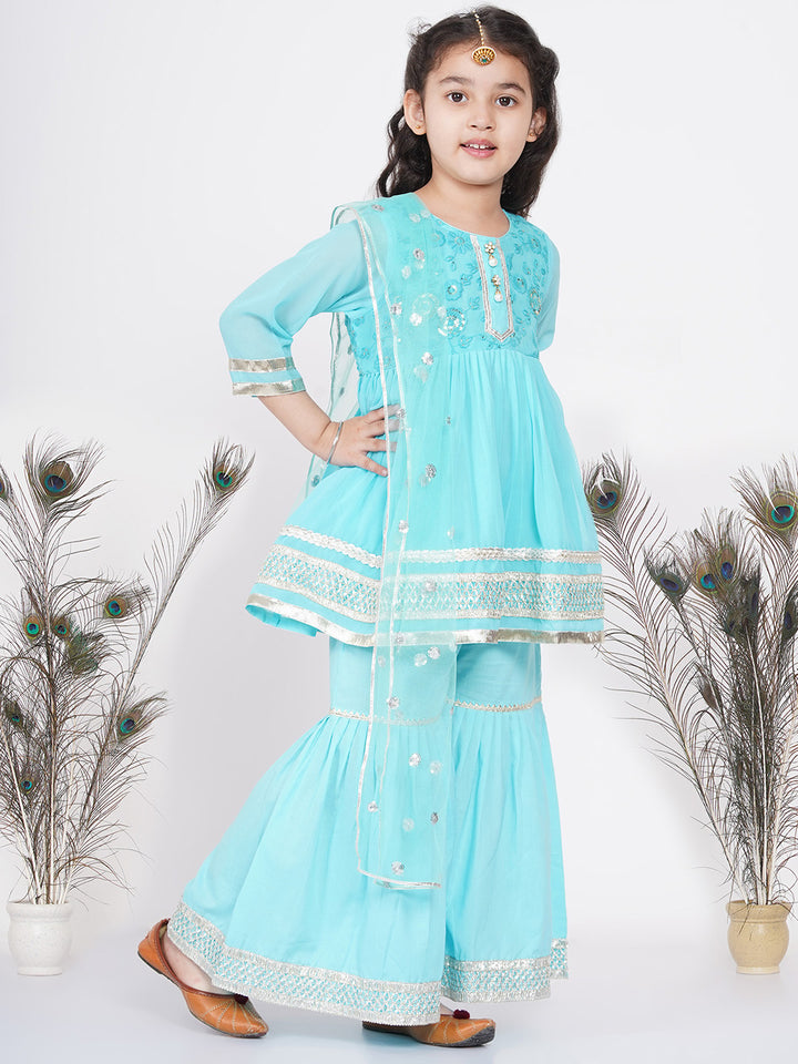 Girls Gotta Patti work Kurta frock with Sharara and Dupatta - Sky Blue - Little Bansi