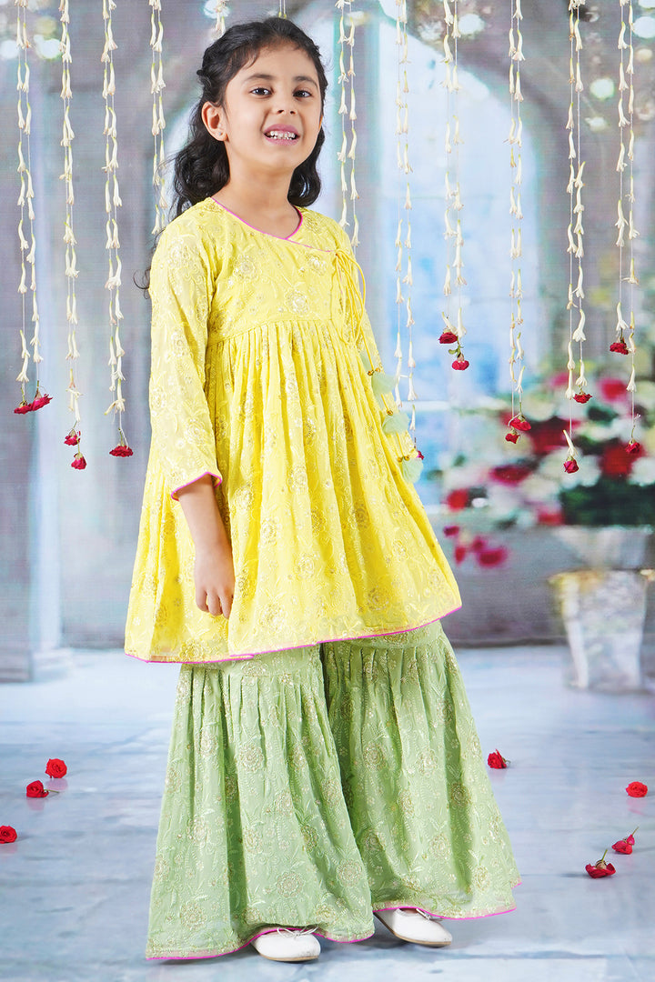 Girls Floral Embrodiery Angrakha Kurta with Sharara, Dupatta and Hand made Potli with Ghungroo work Tassel - Little Bansi