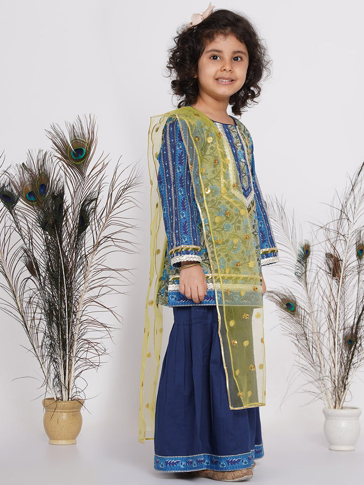 Girls Lacework Floral Kurta with Sharara and Dupatta in Indigo Blue and Green - Little Bansi