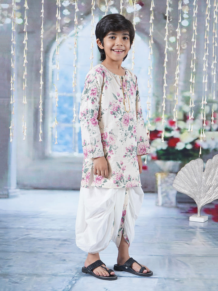 Boys Cotton Full Sleeves Kurta Dhoti with Floral Print and Pearl Buttons - Cream - Little Bansi
