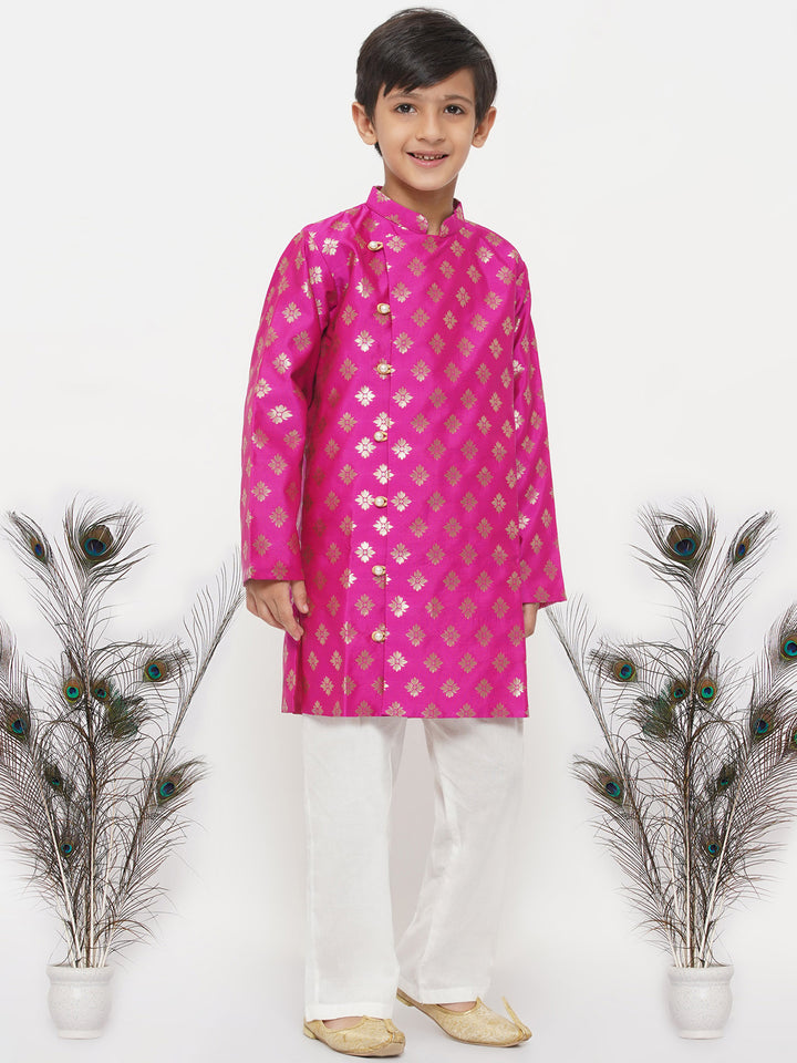 Boys Banarsi Silk Sherwani with Pyjama - Magenta - Little Bansi