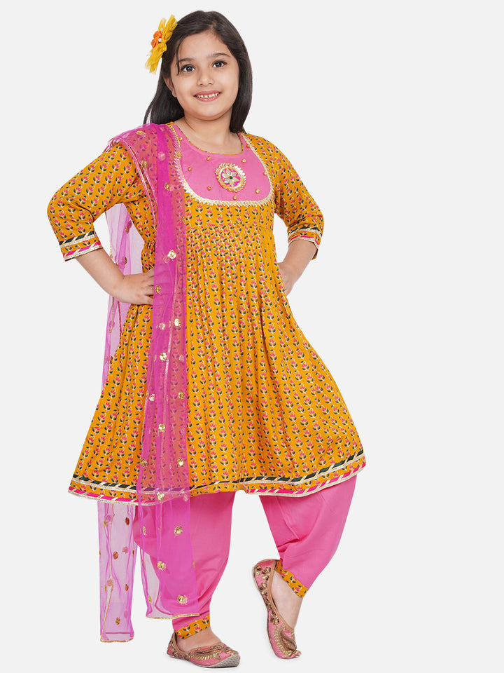 Girls Jaipuri Print Kurta Frock with Salwar in Yellow & Pink - Little Bansi