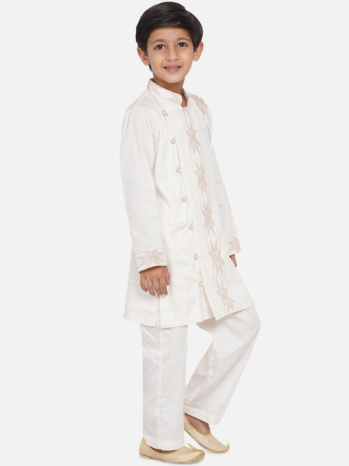 Boys White Embroidery Sherwani with Pant made of Silk - Little Bansi