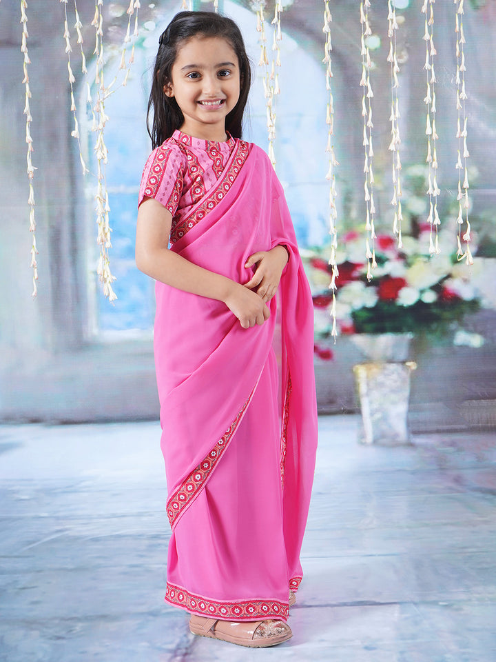 Girls Cotton Short Sleeves Ready to wear Blouse with Floral Geometric Print and Ready to wear Georgette Saree - Pink - Little Bansi