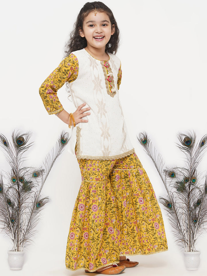 Girls Taj Embroidery Kurta with Tussel work and floral sharara with Dupatta - Little Bansi