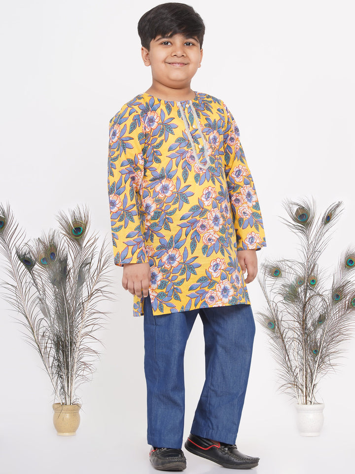 Boys Floral Kurta with Denim Pants in Yellow - Little Bansi