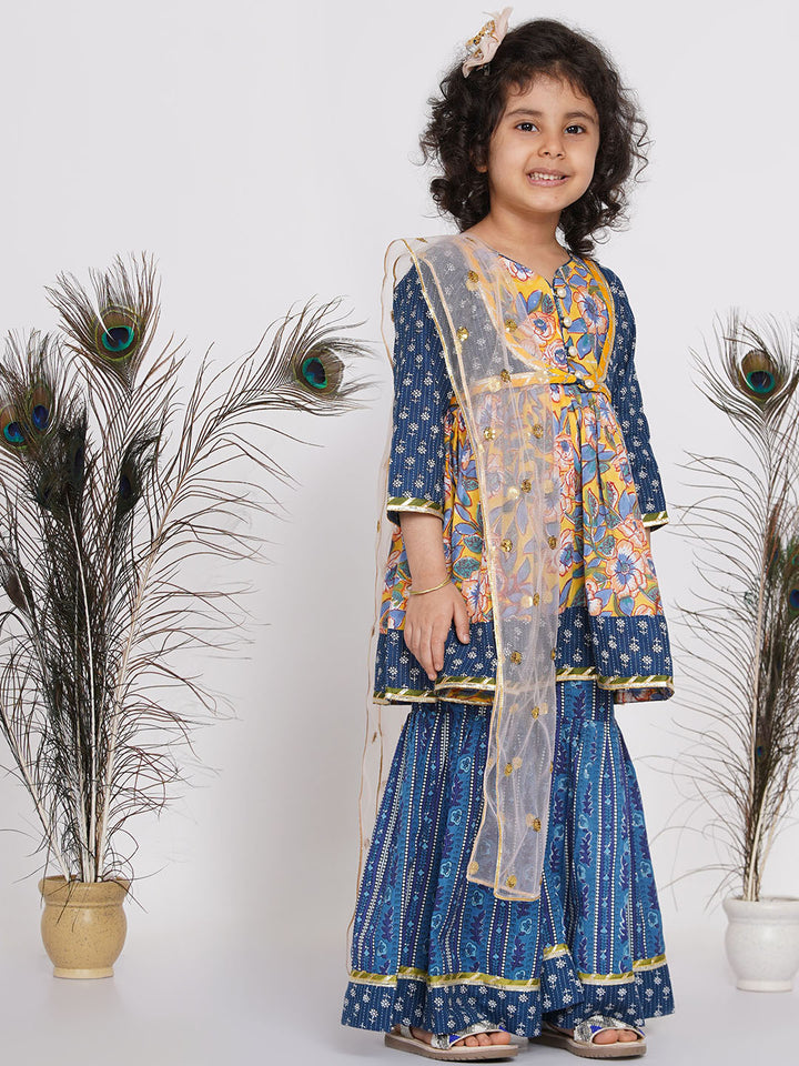 Girls Floral Kurta with Indigo Floral Jacket with Sharara and Dupatta in Blue & Yellow - Little Bansi