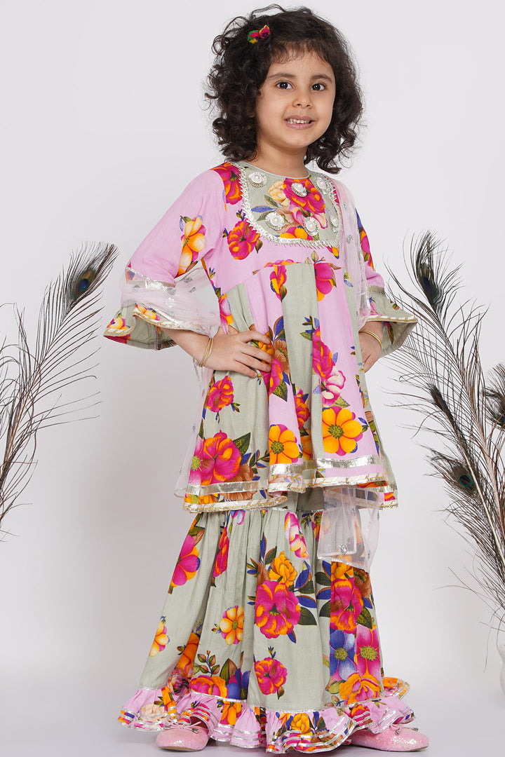 Girls Pearl Detailing Kali Frock Kurta with Sharara and Dupatta in Green & Pink - Little Bansi