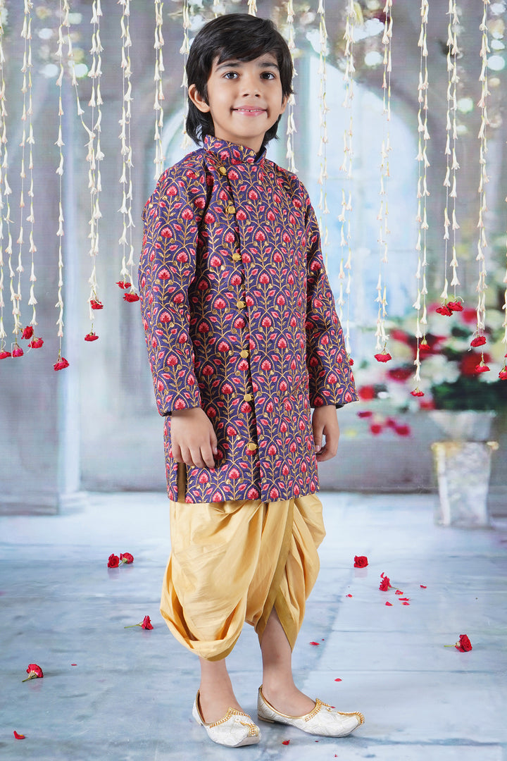 Boys Bageecha Floral Thread work Angrakha Sherwani with Beige Silk Dhoti - Little Bansi