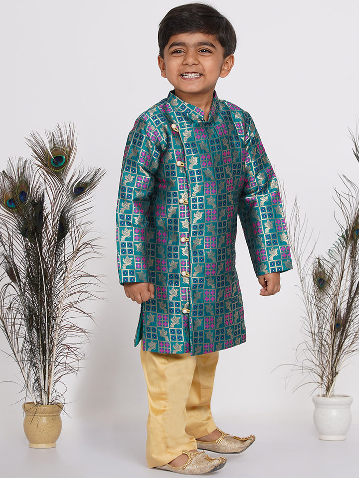 Boys Peacock Banarsi Sherwani with Pyjama - Peacock Green and Beige - Little Bansi