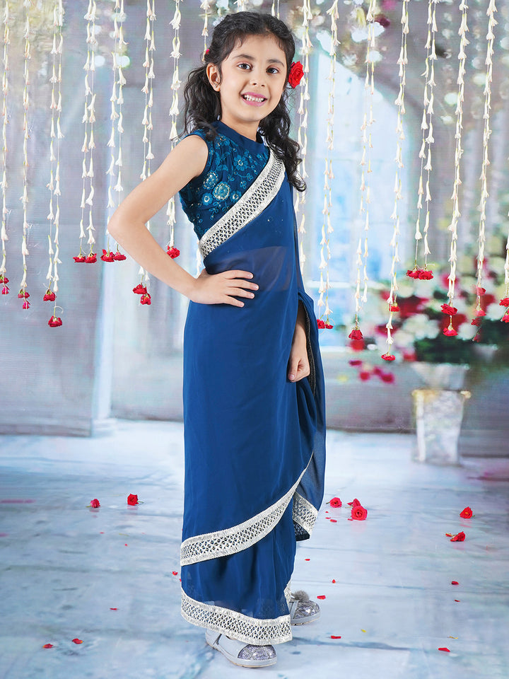 Girls Cotton Sleeveless Floral Embroidery Ready to wear Blouse with Ready to wear Georgette Saree - Blue - Little Bansi
