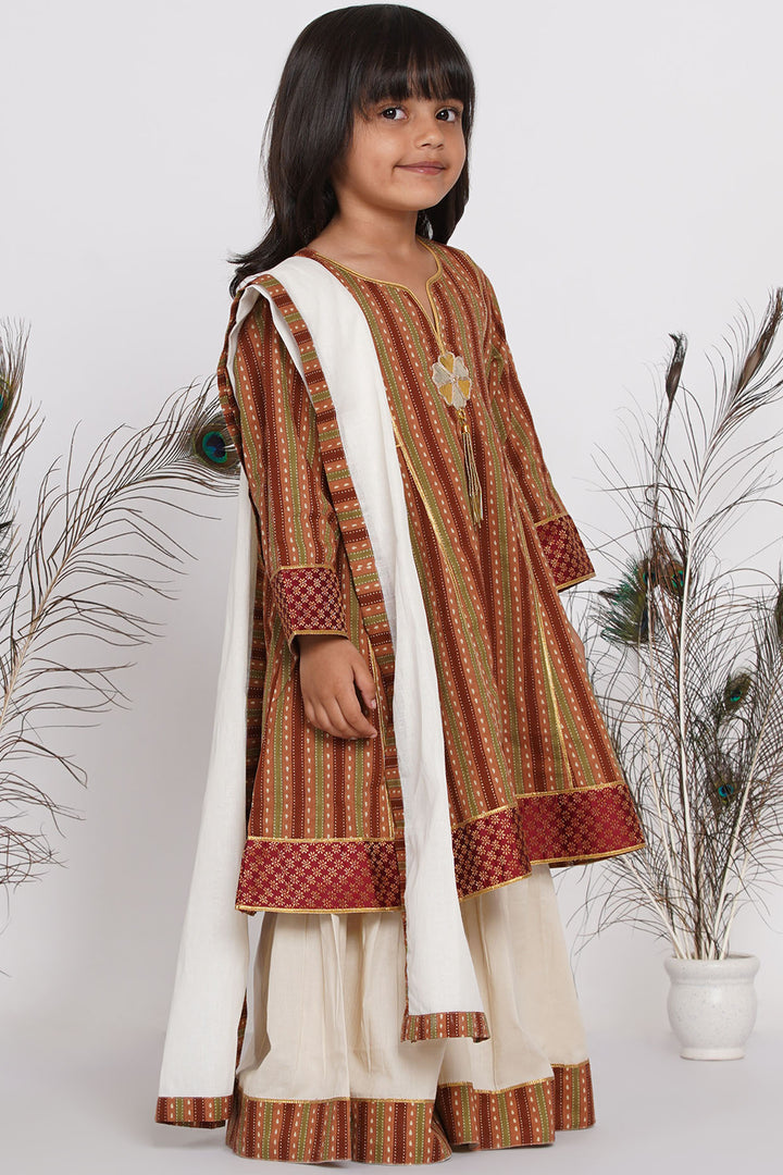 Girls Cotton Jaipuri Princecut Kurta frock with Sharara and Dupatta - Little Bansi