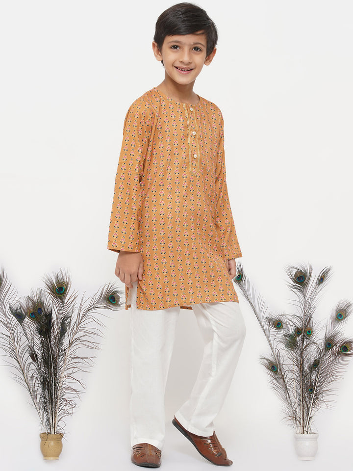 Boys  Cotton Silk Floral Kurta with Pearl Buttons and Pyjama - Little Bansi