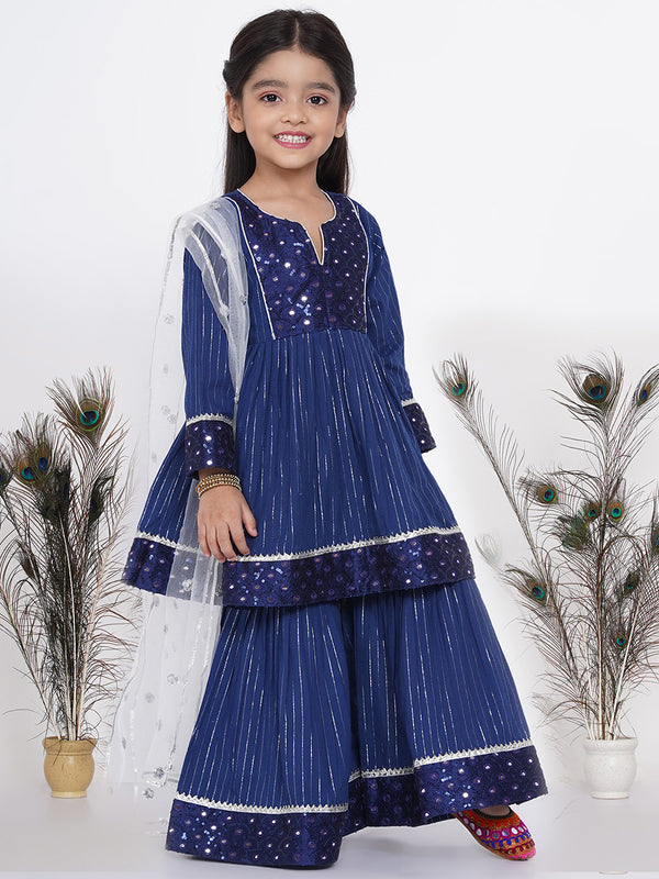 Girls Mirror work Kurta frock with Sharara and Dupatta in Blue and White - Little Bansi