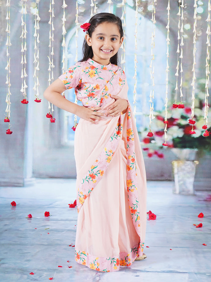 Girls Cotton Short Sleeves Ready to wear Blouse with Floral Print and Ready to wear Georgette Saree - Peach - Little Bansi