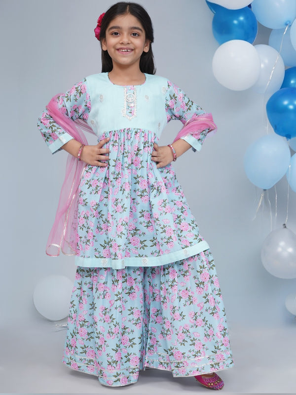Girls Blue Muslin Floral Butterfly Kurta Sharara Set with Dupatta