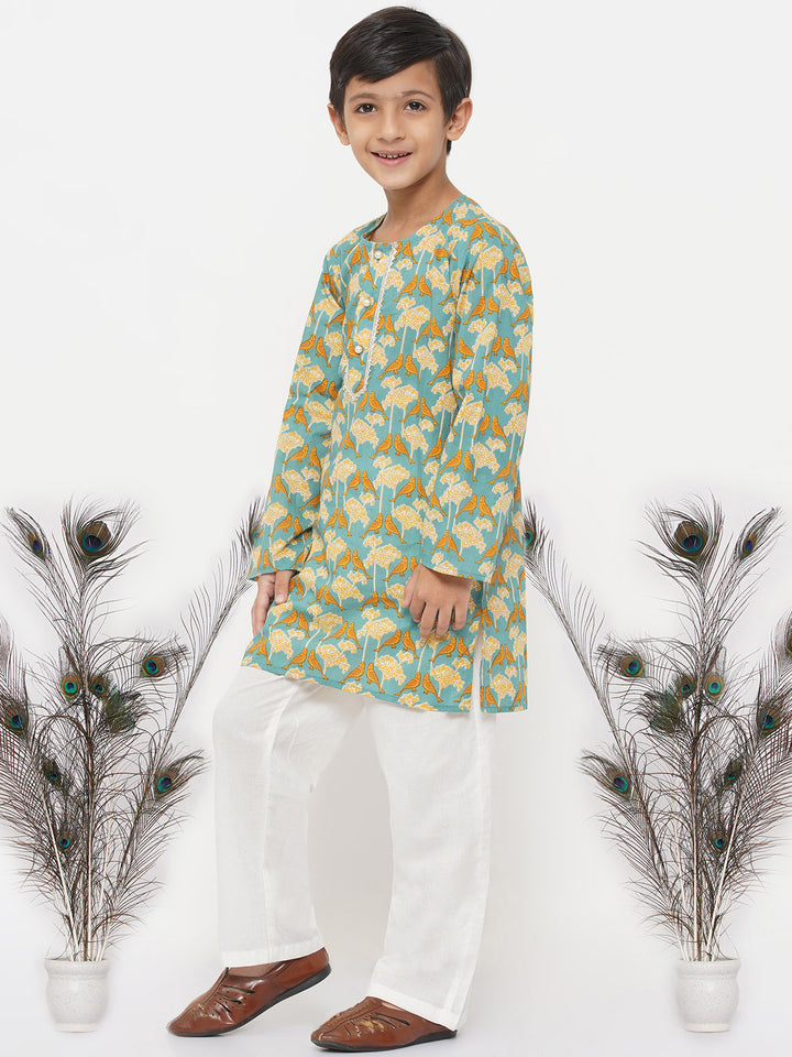 Boys Cotton Bird Print Kurta with Pearl Buttons and Pyjama - Little Bansi