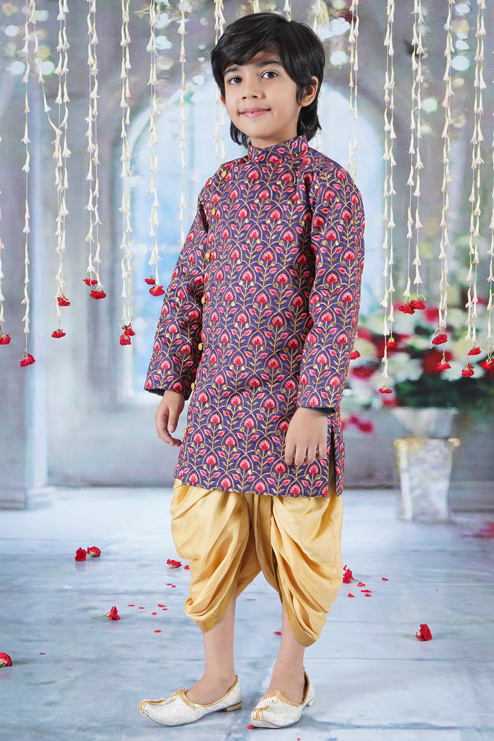 Boys Bageecha Floral Thread work Angrakha Sherwani with Beige Silk Dhoti - Little Bansi