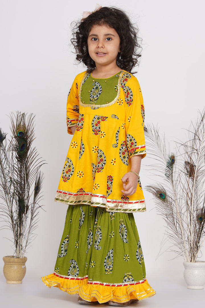Girls Cotton Floral Jaipuri Kurta with Gunghroo work, Frill Sharara, and Dupatta - Little Bansi